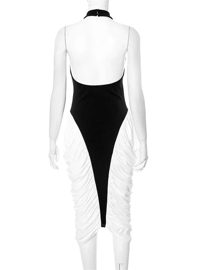 Halter Contrast Panel Gathered Side Bubble Midi Dress