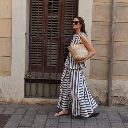 Casual Striped Vest Skirt Suits Women O-neck Sleeveless Bow Tops Pleated Long Skirts 2025 Summer Chic Office Lady Sets New