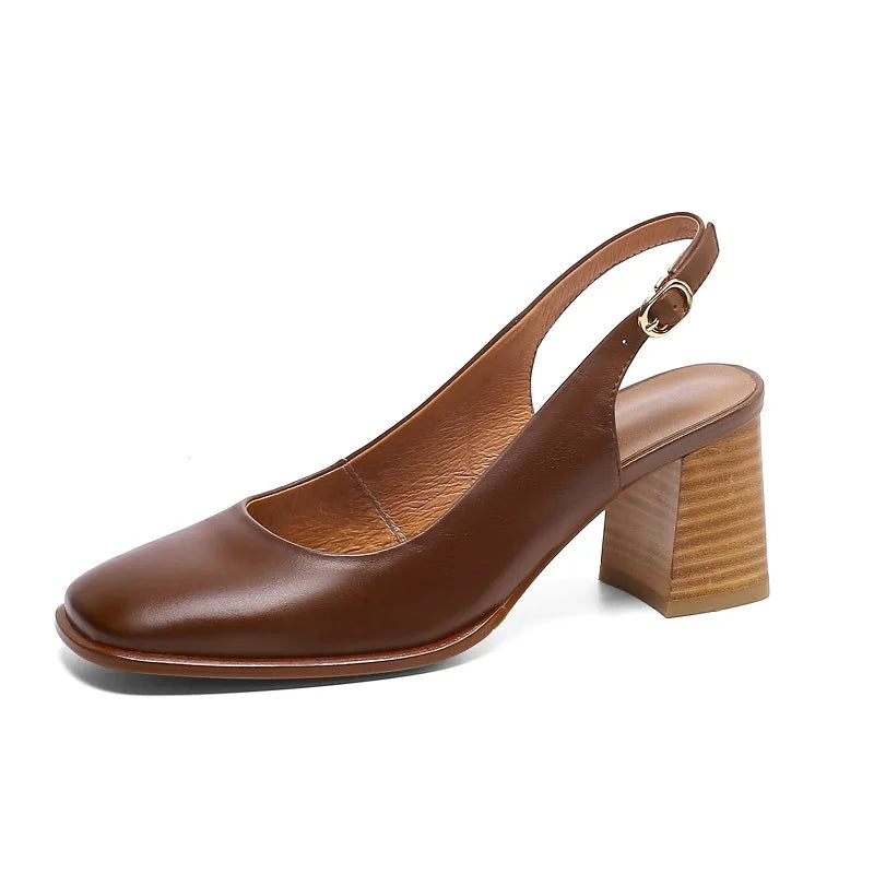 Womens' Sandals Retro French Style Shoes For Spring Thick Square Heel Closed Toe Pumps Summer Sandals Real Leather Slingbacks