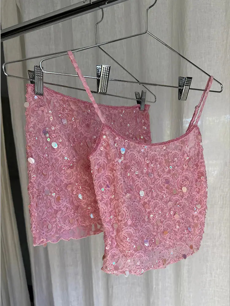 Sexy Sequins See Through Tank Top Shorts Sets Women Sleeveless Backless Vest Mini Shorts Suits Vacation Party 2025 New Outfits