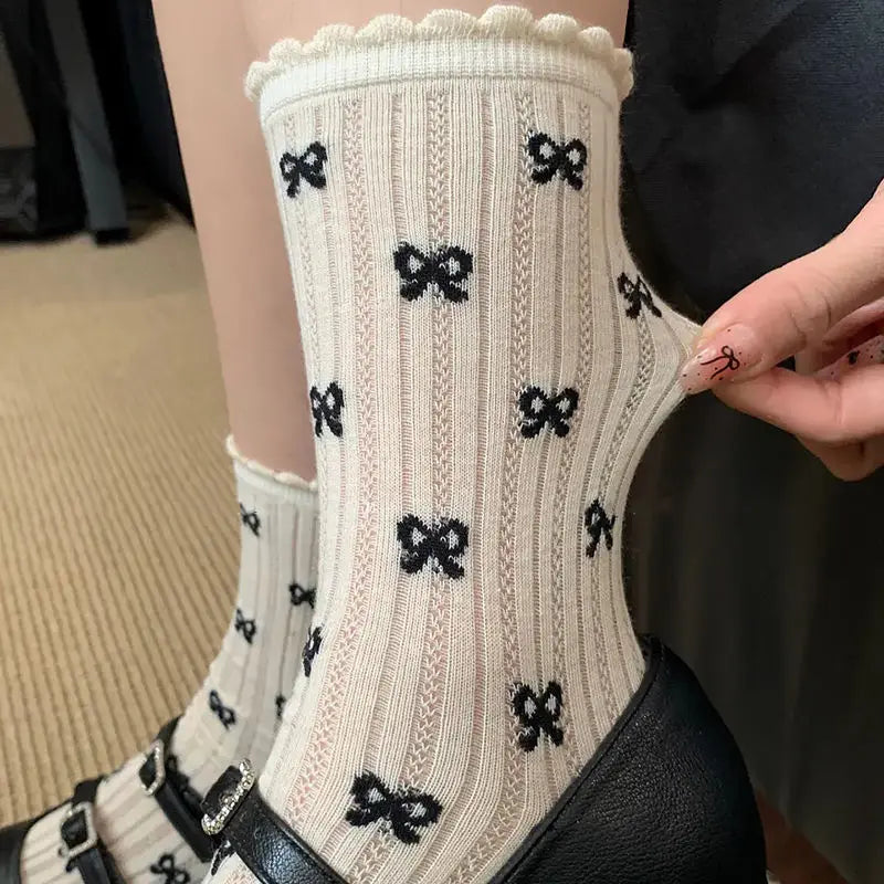 Summer Thin Bow Dot Lace Mid Tube Socks Versatile Mesh Hollow College Style Sweet Stacked Socks Japanese JK Calf Socks for Women