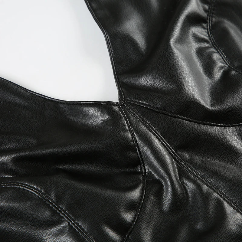 Gothic Halter V-neck Faux Leather Vest Y2K Backless Zipper Black Slim Crop Top Punk Style Women Sexy Tank Camis 90s