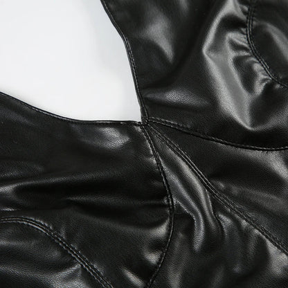 Gothic Halter V-neck Faux Leather Vest Y2K Backless Zipper Black Slim Crop Top Punk Style Women Sexy Tank Camis 90s