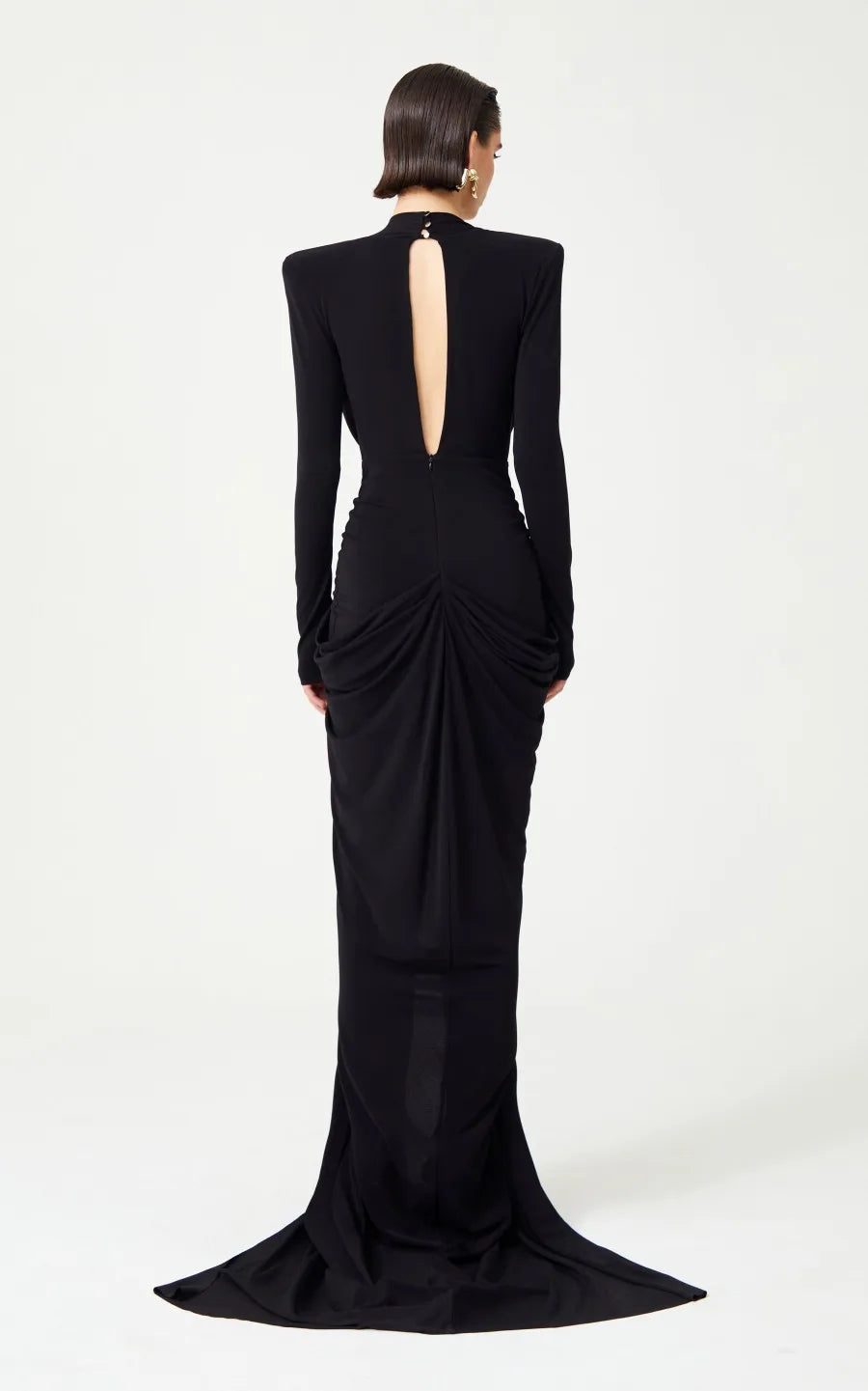 Deep V-Neck Padded Shoulder Butterfly Applique Draped Maxi Gown
