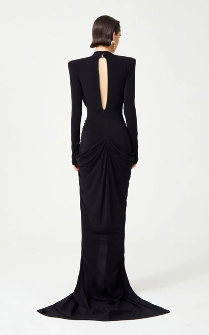 Deep V-Neck Padded Shoulder Butterfly Applique Draped Maxi Gown