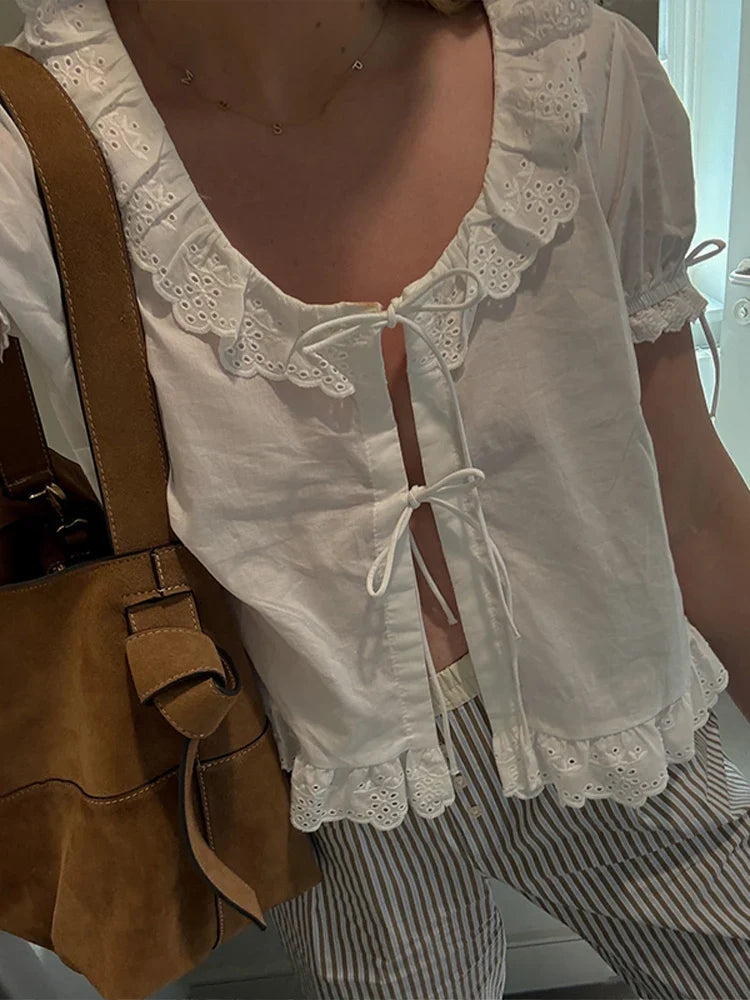 Chic Doll Collar Embroidery Lace Up Shirts for Women Elegant Short Puff Sleeve Female Blouse New Lady Solid Tops Streetwear