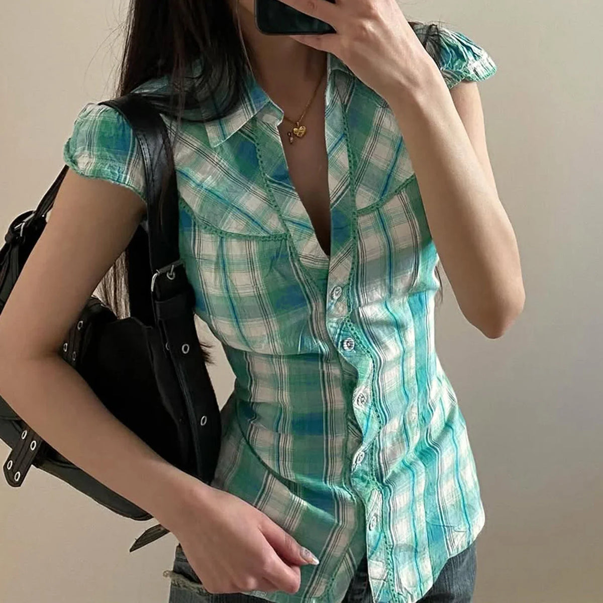 Green Plaid Print Blouse Vintage Turn-down Collar Single-breasted Top French Style Slim-fit Shirts Chic Fashion Clothes