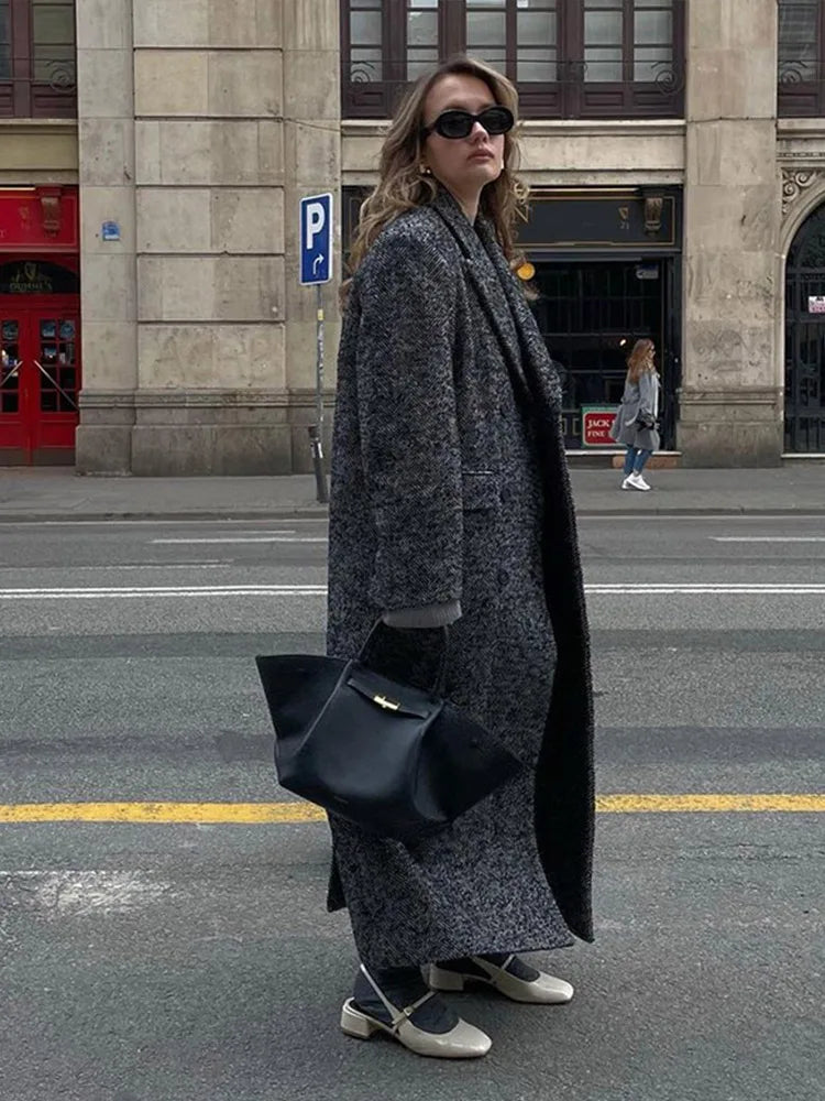 Women Herringbone Wool Tweed Overcoat Fashion Long-Sleeved Turn-down Collar Coat Double Breasted High Street Outerwears