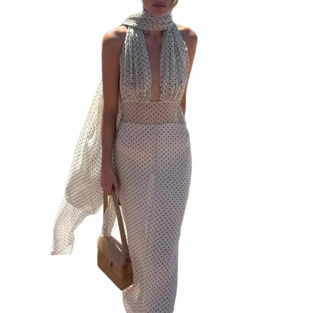 Spring and Summer New Halter Polka Dot Neck Temperament Long Dress Banquet Fashion Dress