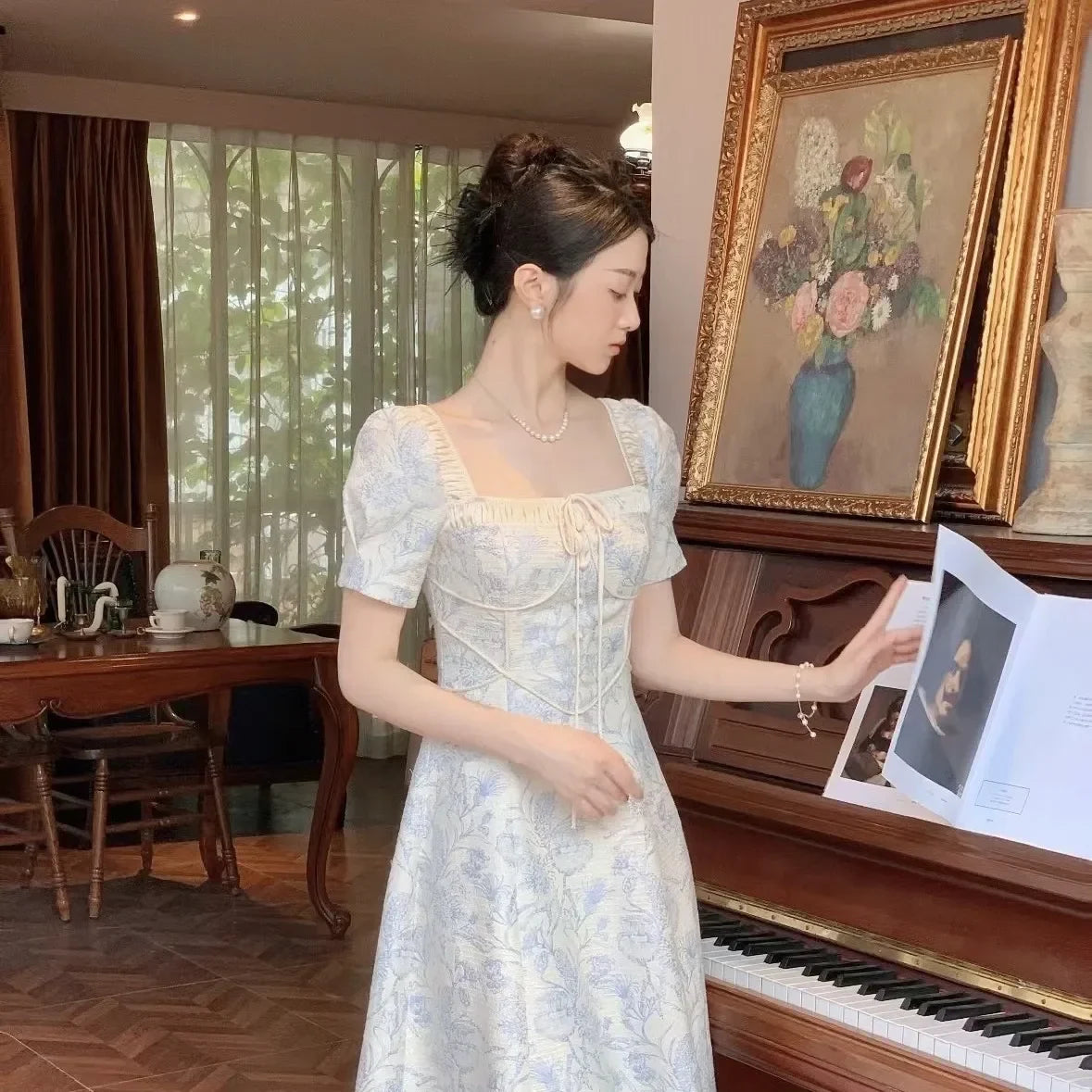 Summer New French Palace Style Sweet Dress Women Floral Print A-line Puff Short Sleeve Elegant Waist Slim Long Dresses
