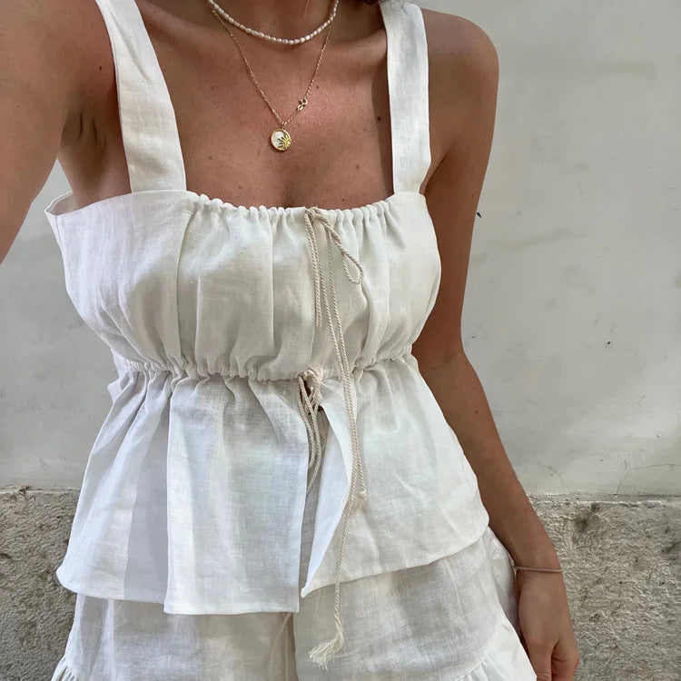White Ruffle Shorts Sets Square Collar Sleeveless Drawstring Tank Tops+Shorts Summer Casual Simple Suits For Women 2 Piece Set