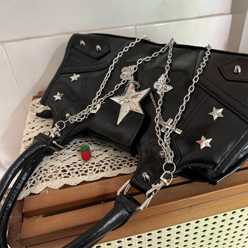 Black Large Capacity Shoulder Bag Y2K Style Crossbody Bag pu Leather Casual Fashion Star Chain Punk Bag