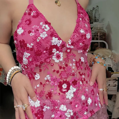 Sequins Sexy Embroidery Tank Top Women Backless Halter Fashion See Through Flower Party Vest 2025 Summer Vacation Chic Tops
