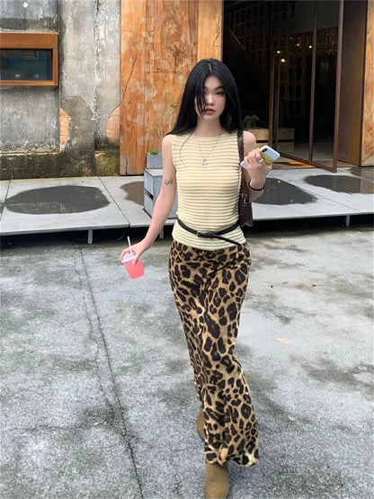 Retro Mopping Skirts Women Loose Slim New Leopard Chic Casual Elegant High Waist Office Lady Daily Streetwear