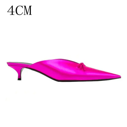 Super Hot Pointy Bow V-Top Skinny Heel Bun Towing Summer Muller Shoes Fashion Leather Low Heel Pumps