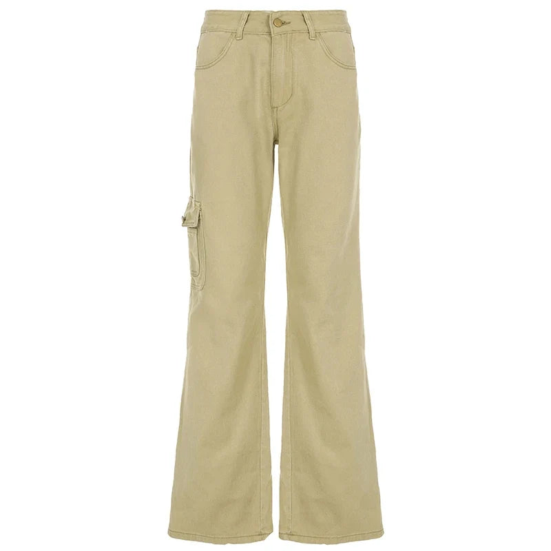 Y2K Casual Women Straight Jeans Khaki Fashion Pocket Cargo Pants Retro 90s Loose Denim Trousers Spring High Street