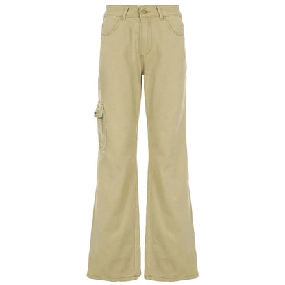 Y2K Casual Women Straight Jeans Khaki Fashion Pocket Cargo Pants Retro 90s Loose Denim Trousers Spring High Street