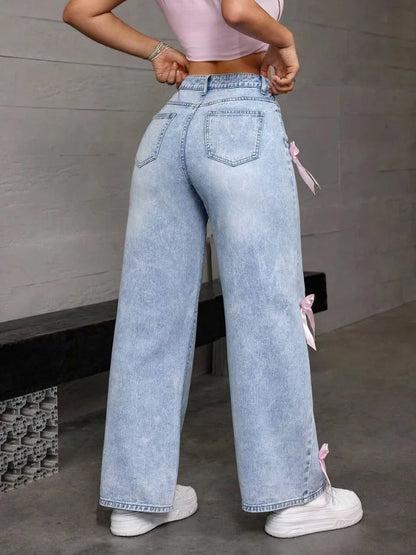 Women Casual Bowknot Decor Jeans Y2k Blue Baggy Denim Trousers Loose Straight Sweet Coquette Aesthetic Washed Jeans