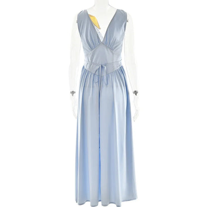 Patchwork Satin Deep V-neck Lace Bow Women Maxi Dress Backless Lace Up Dress Summer Slim Elegant Party Evening Dress