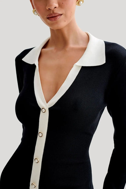 Pointed Collar Button Front Contrast Cuff Ruffle Hem Knit Mini Dress