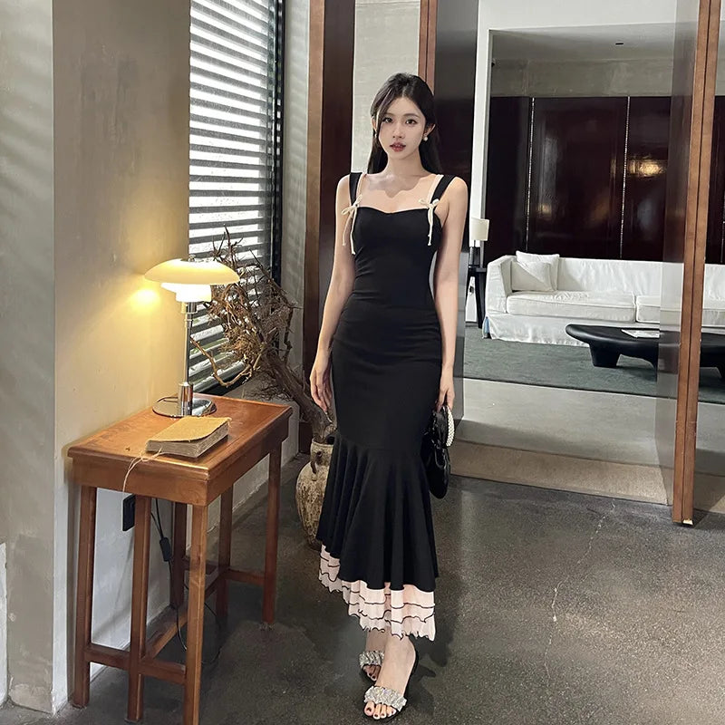 Sweetheart Double Strap Ruffle Trim Mermaid Hem Midi Dress