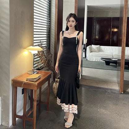 Sweetheart Double Strap Ruffle Trim Mermaid Hem Midi Dress