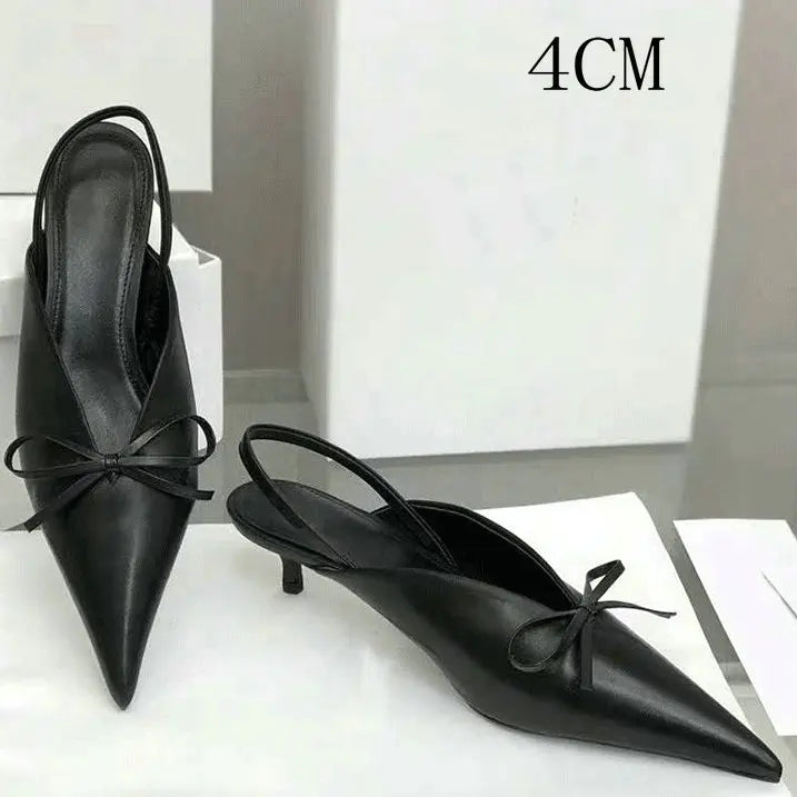 Super Hot Pointy Bow V-Top Skinny Heel Bun Towing Summer Muller Shoes Fashion Leather Low Heel Pumps