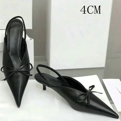 Super Hot Pointy Bow V-Top Skinny Heel Bun Towing Summer Muller Shoes Fashion Leather Low Heel Pumps
