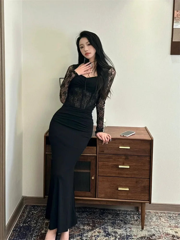 Black Lace Stitching Slightly See-through Dress Women Temperament Evening Short Dresses Autumn New Party Long Bodycon Dress
