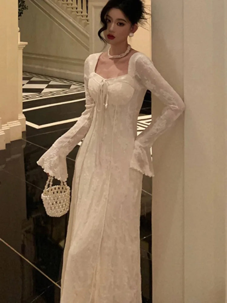 Women's Solid Midi Dress Flare Sleeves Square Collar A-Line Lace Up Autumn Spring French Elegant Vintage Prom Robe Vestidos New