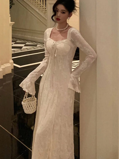Women's Solid Midi Dress Flare Sleeves Square Collar A-Line Lace Up Autumn Spring French Elegant Vintage Prom Robe Vestidos New