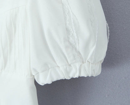 New Summer Short-sleeved Tops Solid Lace Edges V-neck Pleated Design Elegant White Shirt Fashion Holiday Party Crop Tops