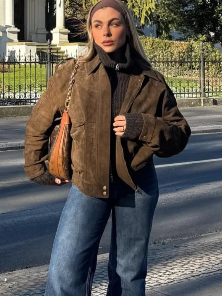 Suede Leather Jacket Coat Vintage Brown Maillard Pocket Lapel Casual Loose Bomber Jackets Motorcycle Style Silhouette Outwear