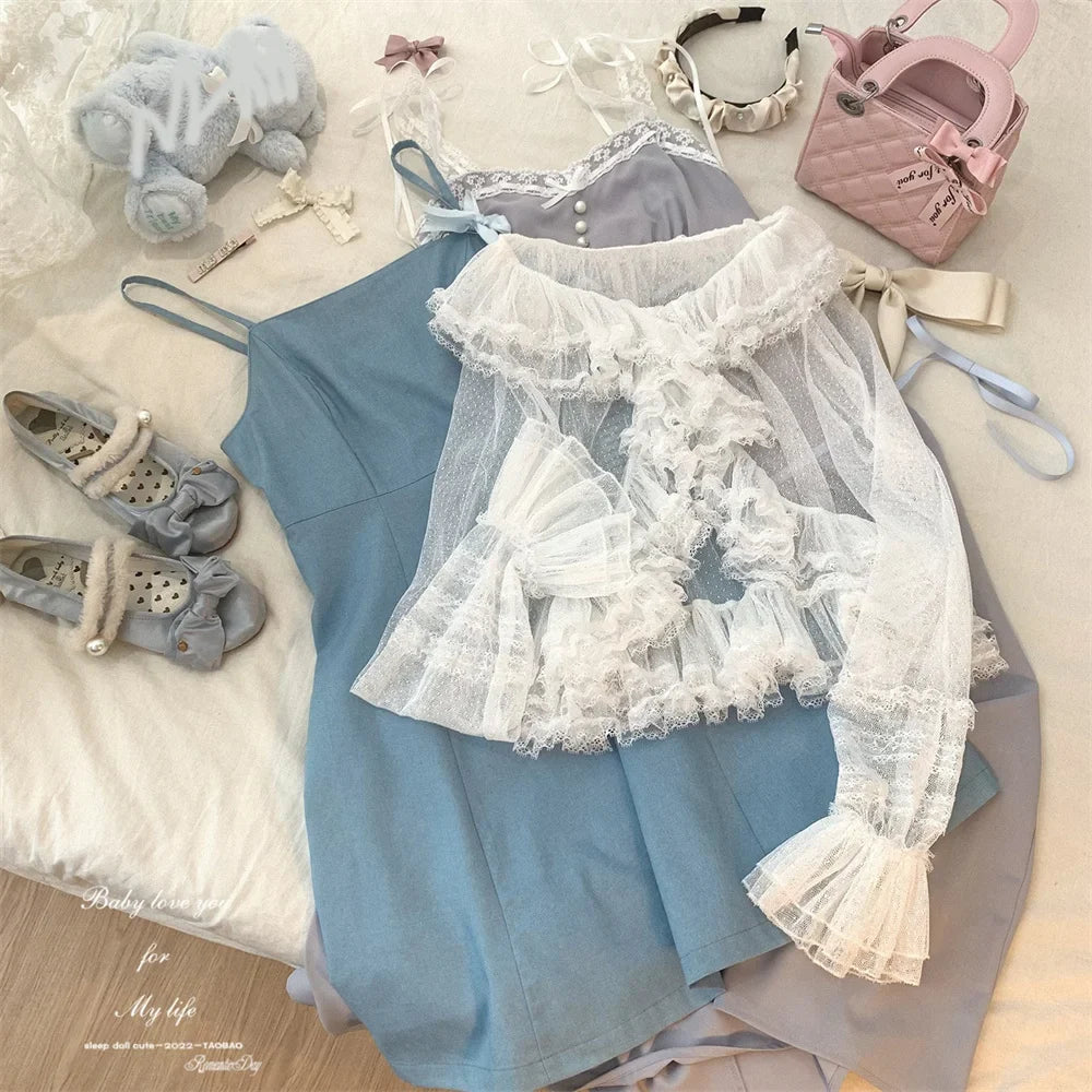 See Through Long Sleeve Japanese Shrugs Autumn Mesh Ruffle Sweet Cropped Jacket Thin Air Conditioning Shirt Short Sun Protection