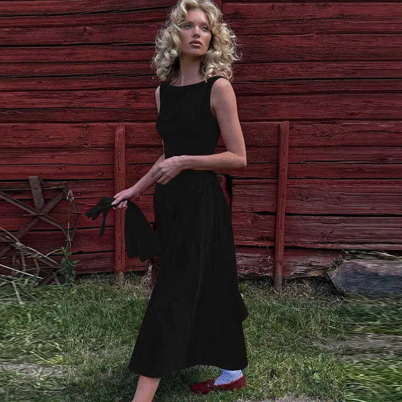 Straight Neck Sleeveless Flare Midi Dress