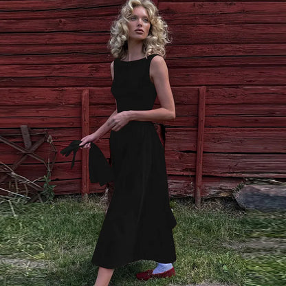 Straight Neck Sleeveless Flare Midi Dress