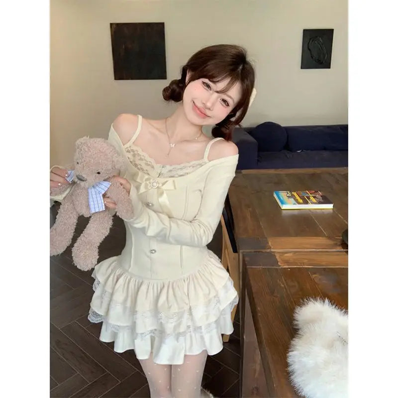 Japanese Elegant Kawaii Two Piece Set Women French Vintage Sweet Mini Skirt Suit Female Korean V-neck Cardigan+Cake Skirt