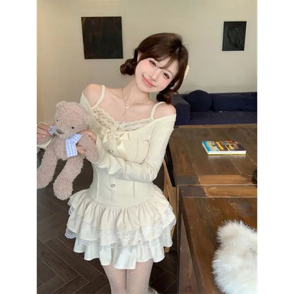 Japanese Elegant Kawaii Two Piece Set Women French Vintage Sweet Mini Skirt Suit Female Korean V-neck Cardigan+Cake Skirt
