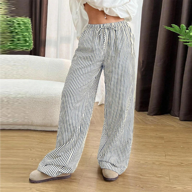Striped Drawstring Wide Leg Pants Elastic Waist Lightweight Trousers for Summer Office Casual Vacation Wear Women Slack