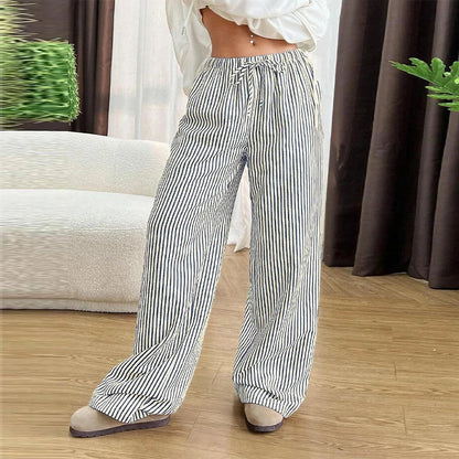 Striped Drawstring Wide Leg Pants Elastic Waist Lightweight Trousers for Summer Office Casual Vacation Wear Women Slack