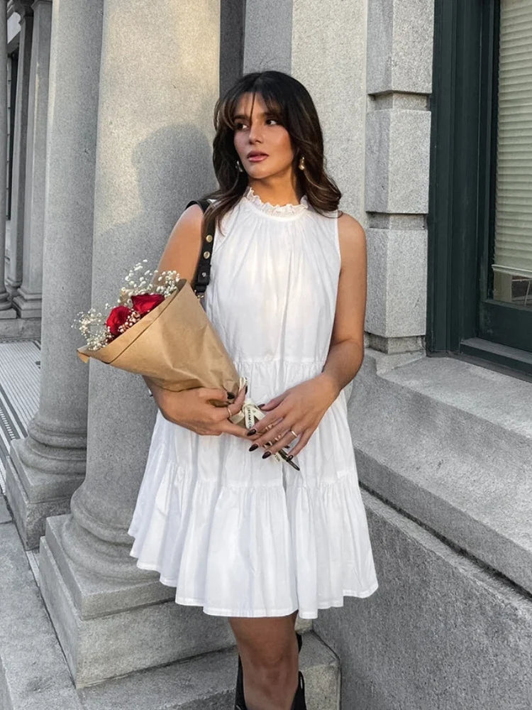 Summer Cotton A-line Loose Ruffles White Dress Women Casual O-neck Lace-up Sleeveless Mini Dress Female Holiday Party Dress 2025