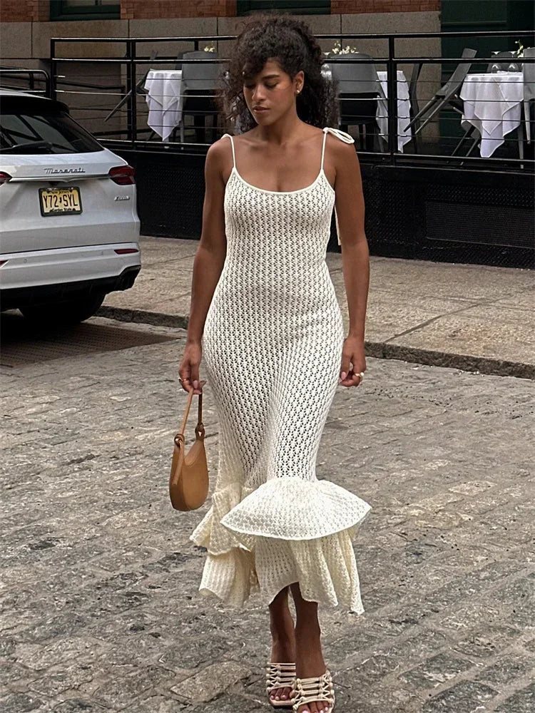 Open-Knit Halter Spaghetti Strap Tiered Ruffle Hem Midi Dress