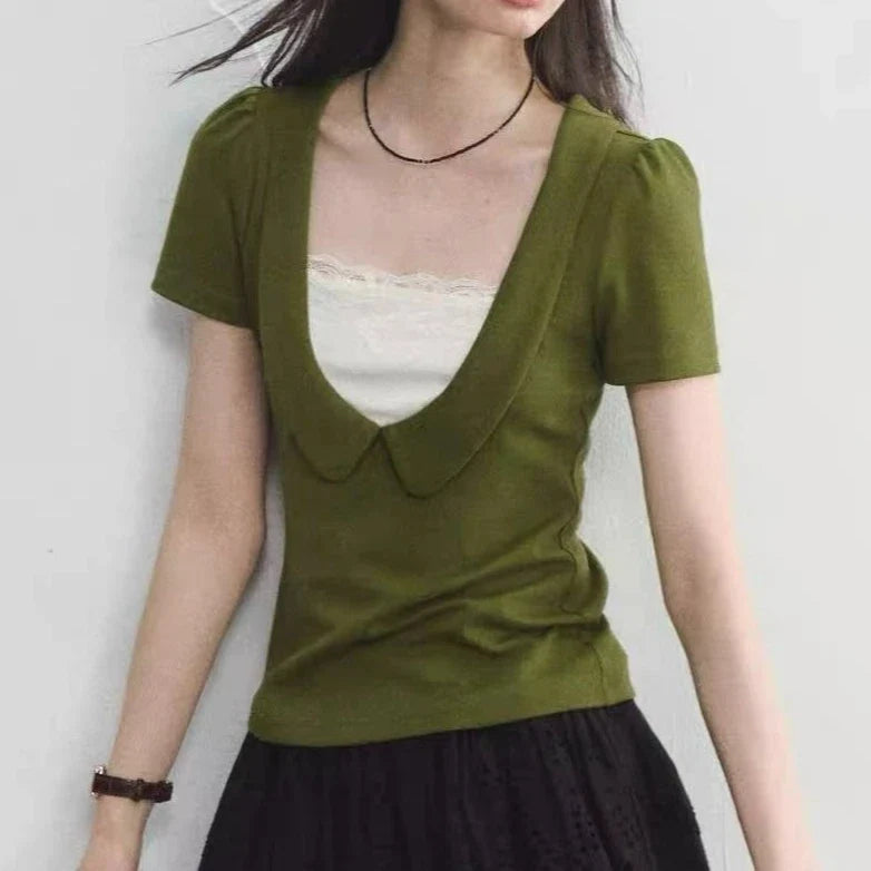 Fake Two Doll Neck Tops with Women's Lace Patchwork Waist Cinching Short Sleeved T-shirt