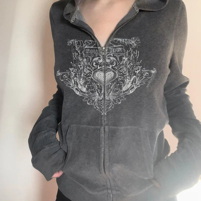Y2K Graphic Print Zipper Jacket with Hooded Vintage Aesthetic Gray 2000s Women Coat Knitted Outwear Autumn Outfits