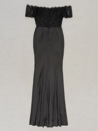 Off Shoulder Lace Corset Bodice Satin Ruched Center Maxi Gown