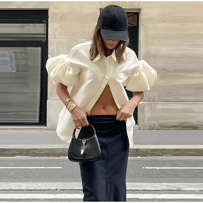 Elegant Women's Satin Puff Sleeve Shirt Loose Lapel Single Breasted Female Blouses 2025 Summer Lady Solid Chic All-match Tops