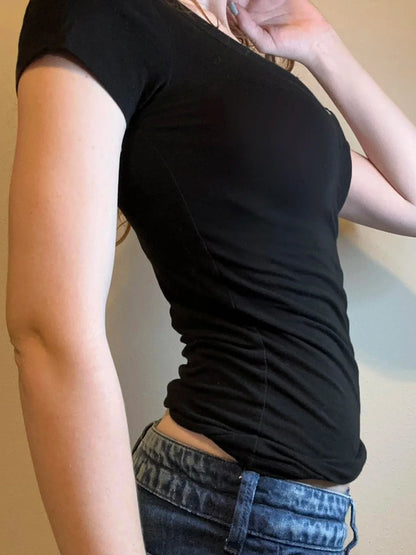 Solid Basic Slim V-Neck T-Shirt Crop Top