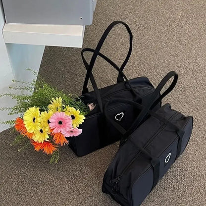 Women Y2k Shoulder Bags Large Capacity Heart Nylon Boston Handbag Korean Fashion Design Girls Casual Commuter Bag New