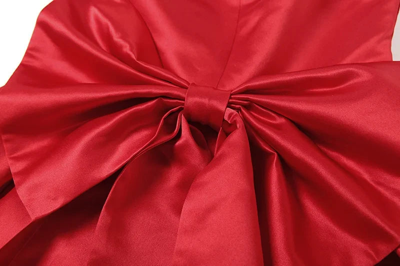 Sexy Red Bow Backless Hollow Out Mini Dress Turtleneck Short Sleeve Pad Shoulder Dresses Evening High Street Party Vestidos