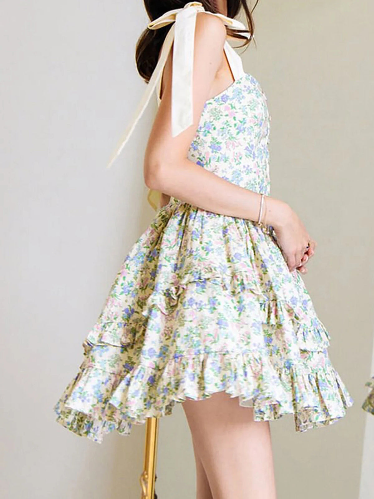 Elegant Sleeveless Floral Print Mini Dress with Bow Tie Shoulder Detail and Flirty Ruffle Hem - A Line Swing Dress for Women